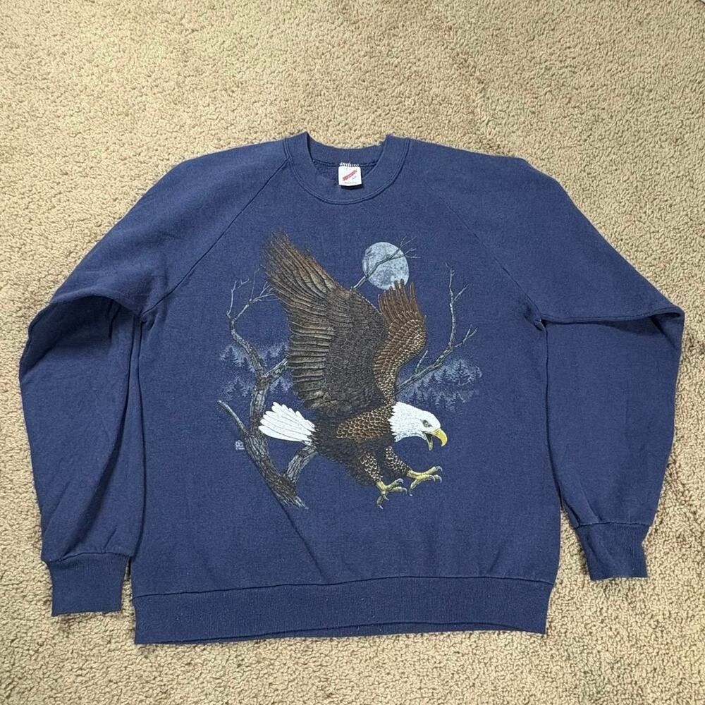 VTG‎ 90s Jerzees Raglan Sweatshirt Size Large Blue Bald Eagle USA Made America